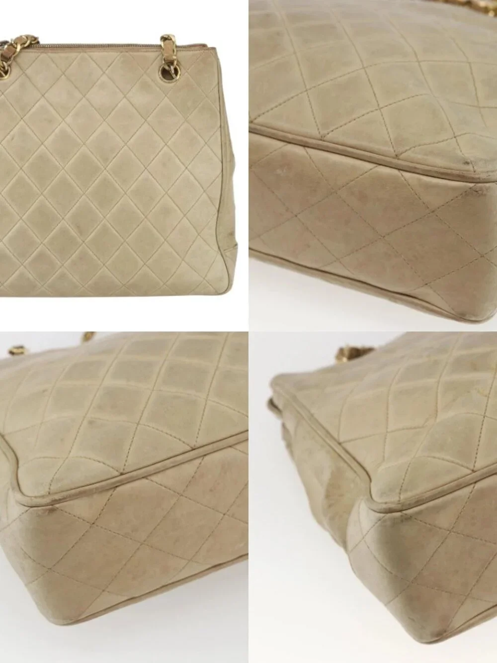 CHANEL Chain Matelasse Tote Bag Lamb Skin Beige Gold CC Auth bs32364